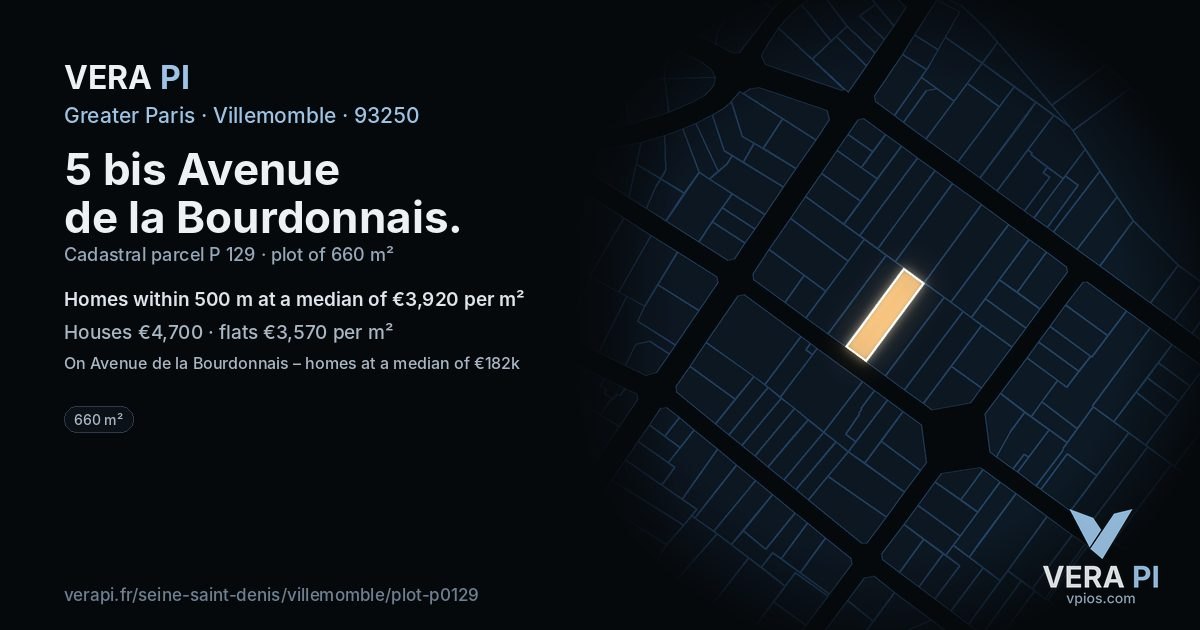 5 bis Avenue de la Bourdonnais, Villemomble at night – the plot lit, the parcels around coloured by the prices near them