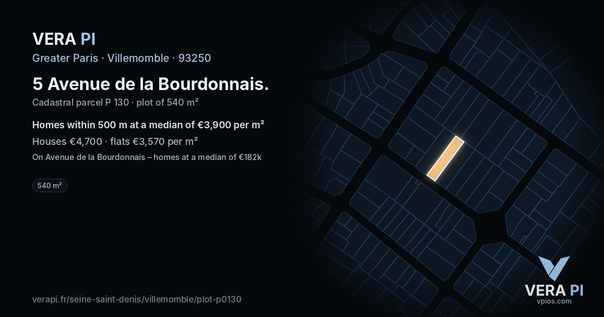 5 Avenue de la Bourdonnais, Villemomble at night – the plot lit, the parcels around coloured by the prices near them