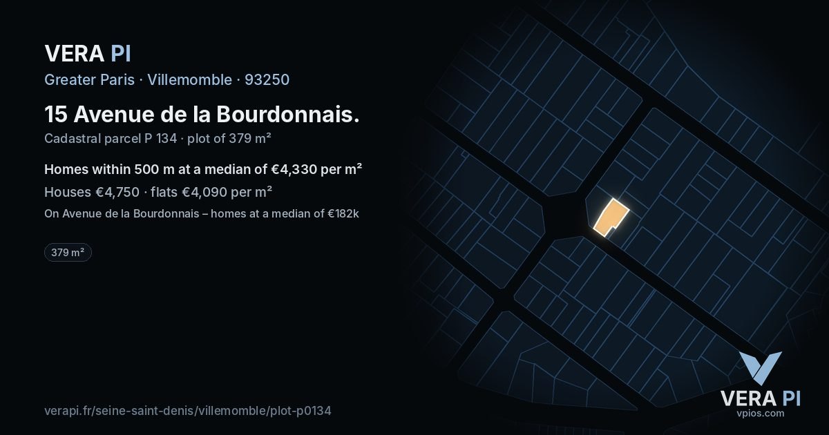 15 Avenue de la Bourdonnais, Villemomble at night – the plot lit, the parcels around coloured by the prices near them