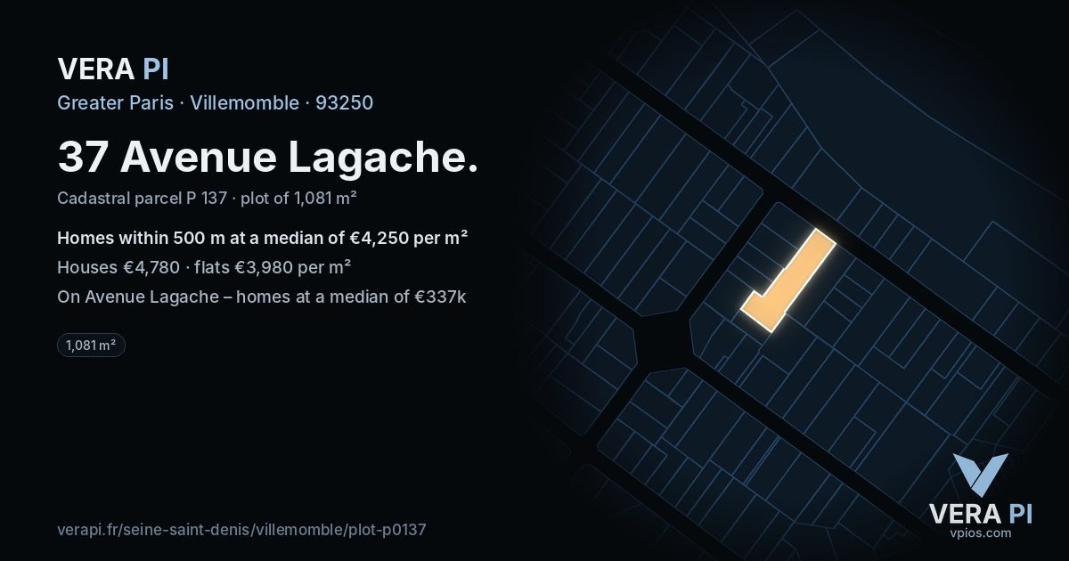 37 Avenue Lagache, Villemomble at night – the plot lit, the parcels around coloured by the prices near them