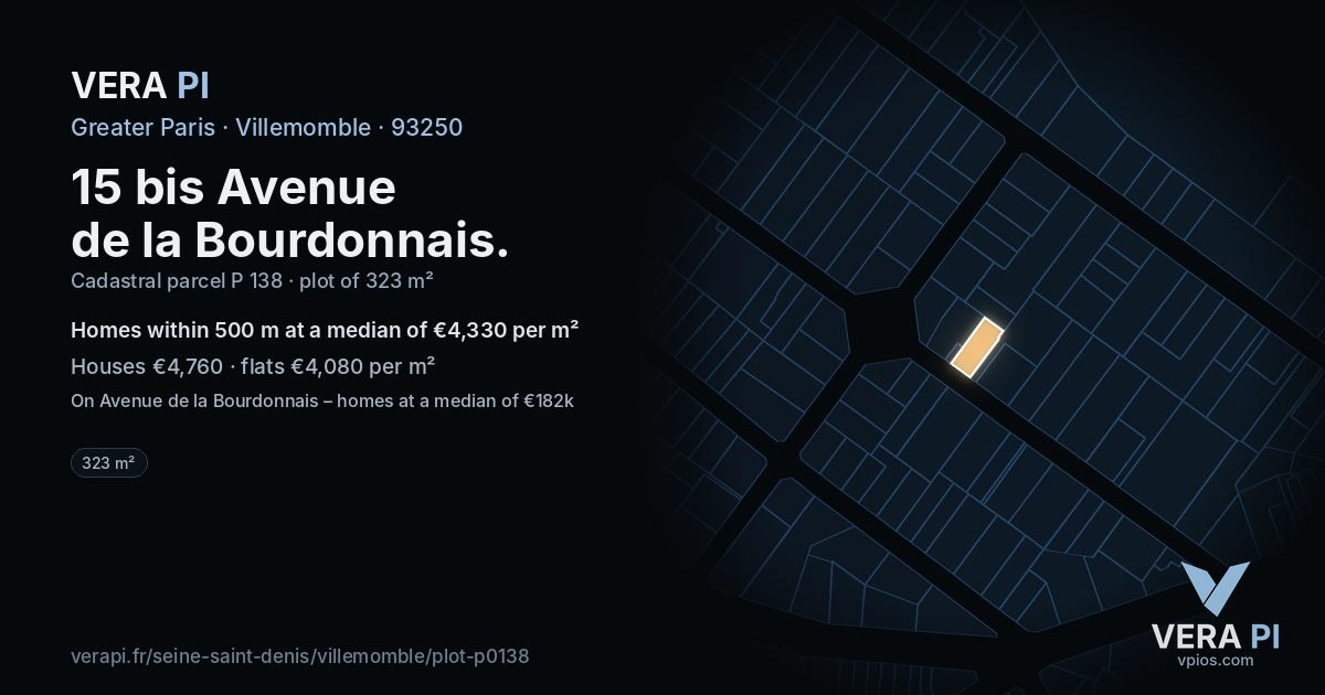 15 bis Avenue de la Bourdonnais, Villemomble at night – the plot lit, the parcels around coloured by the prices near them