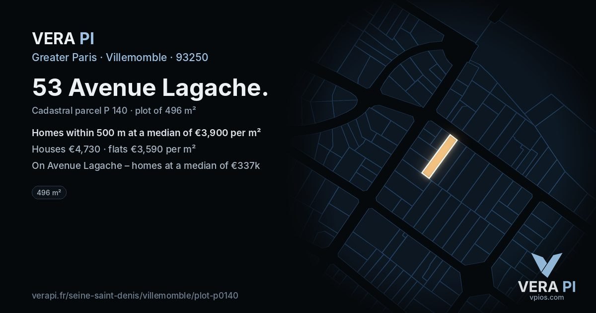 53 Avenue Lagache, Villemomble at night – the plot lit, the parcels around coloured by the prices near them