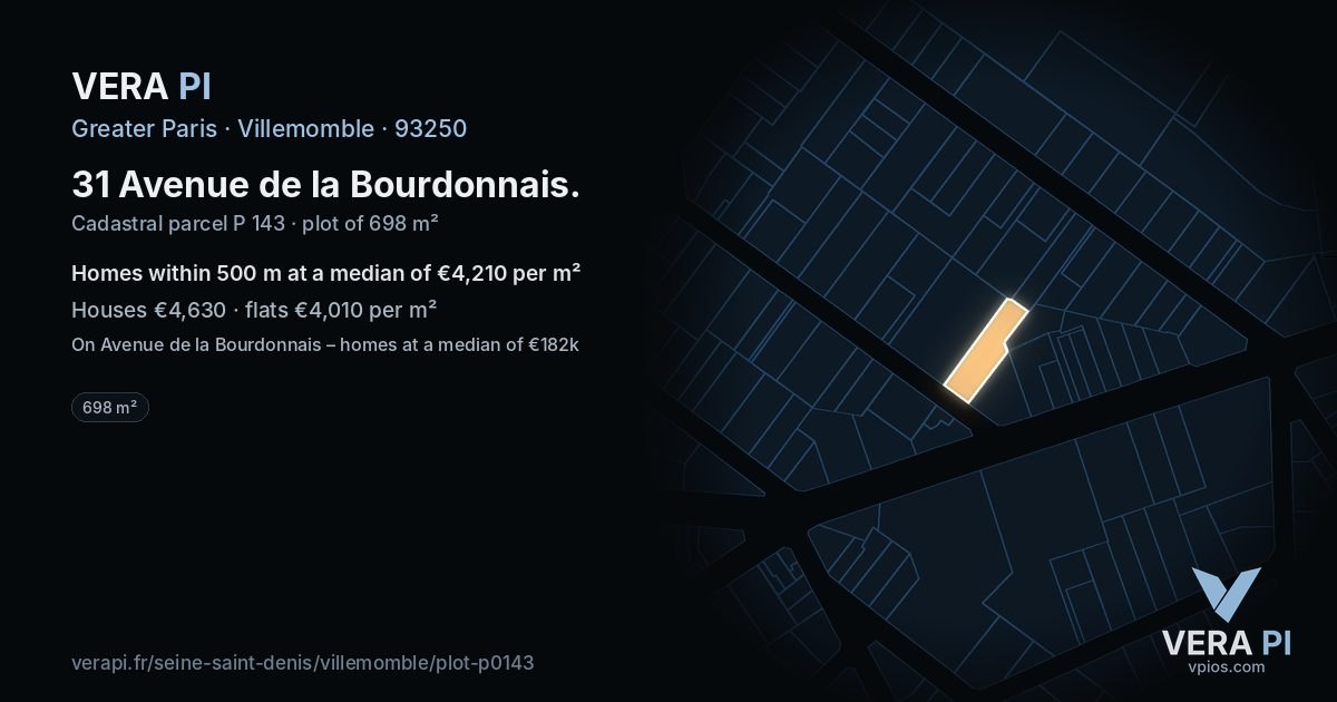 31 Avenue de la Bourdonnais, Villemomble at night – the plot lit, the parcels around coloured by the prices near them