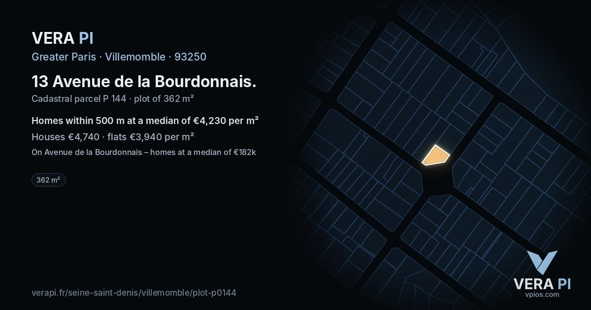 13 Avenue de la Bourdonnais, Villemomble at night – the plot lit, the parcels around coloured by the prices near them