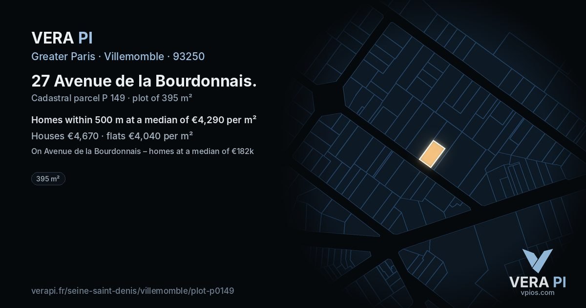 27 Avenue de la Bourdonnais, Villemomble at night – the plot lit, the parcels around coloured by the prices near them