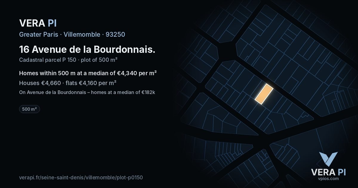 16 Avenue de la Bourdonnais, Villemomble at night – the plot lit, the parcels around coloured by the prices near them
