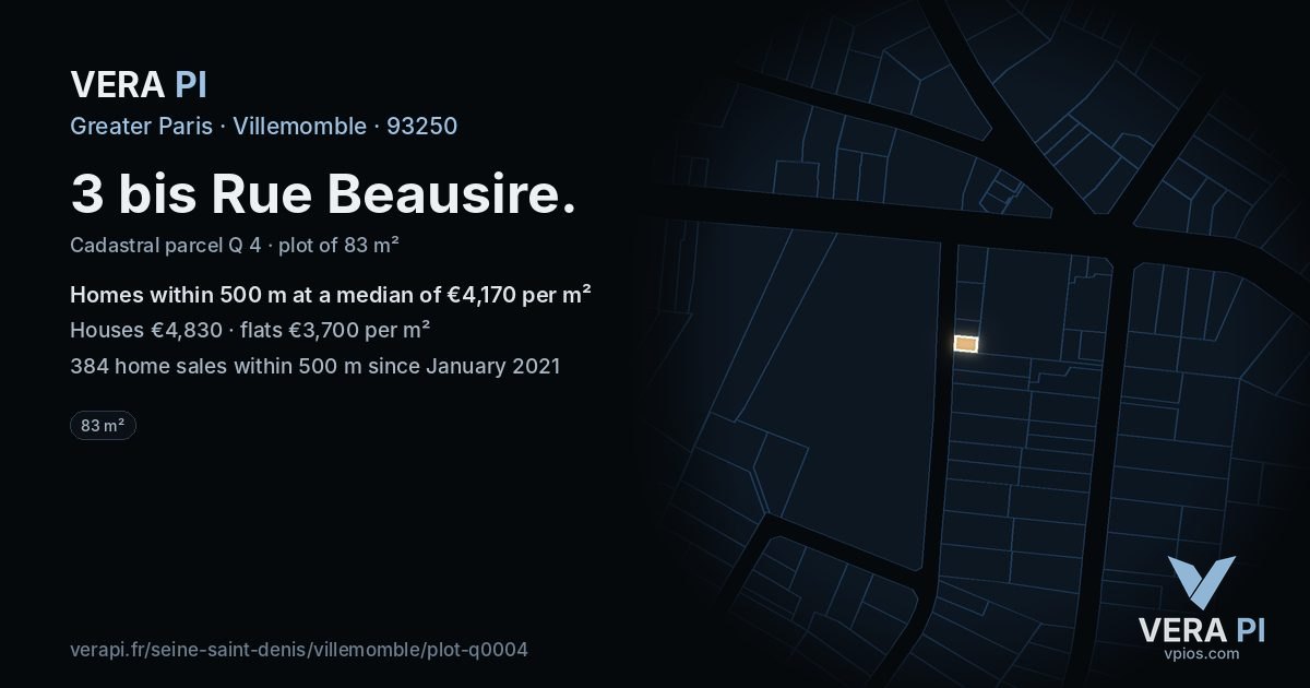 3 bis Rue Beausire, Villemomble at night – the plot lit, the parcels around coloured by the prices near them