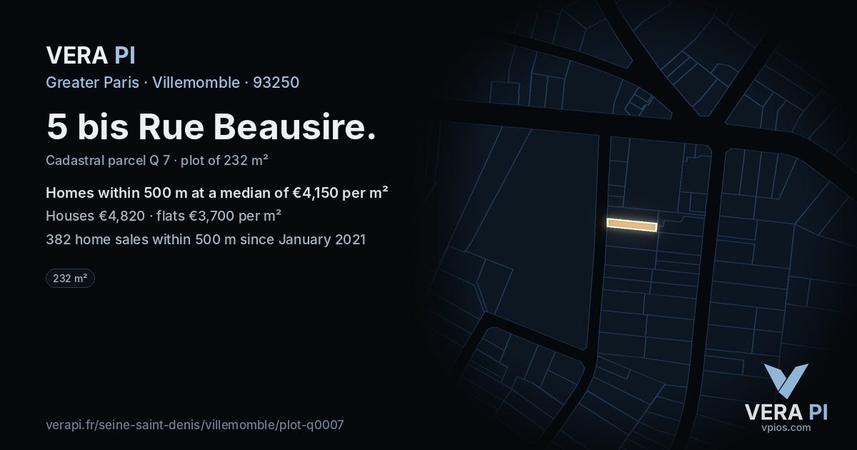 5 bis Rue Beausire, Villemomble at night – the plot lit, the parcels around coloured by the prices near them
