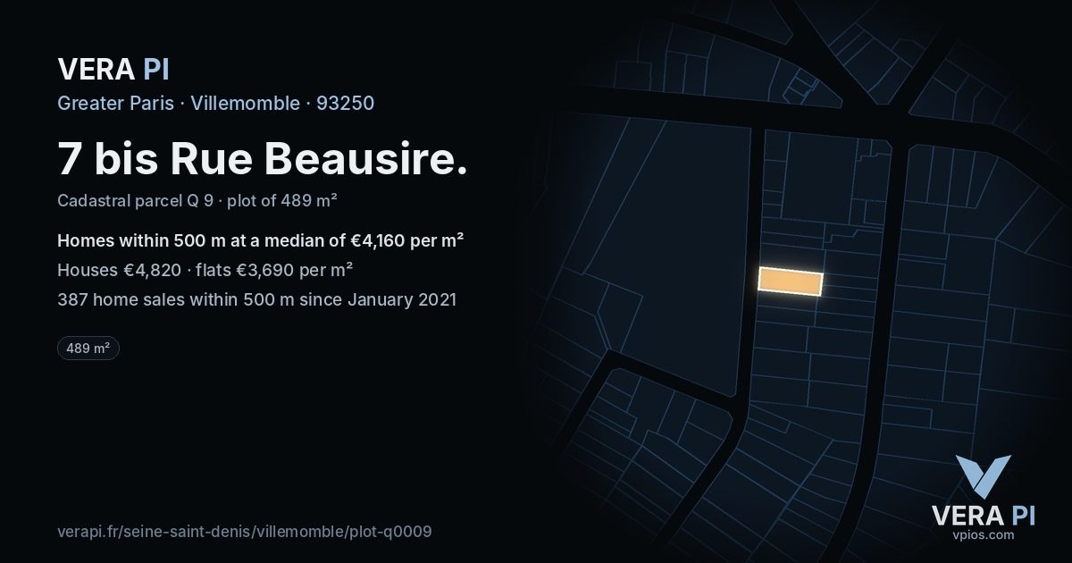 7 bis Rue Beausire, Villemomble at night – the plot lit, the parcels around coloured by the prices near them