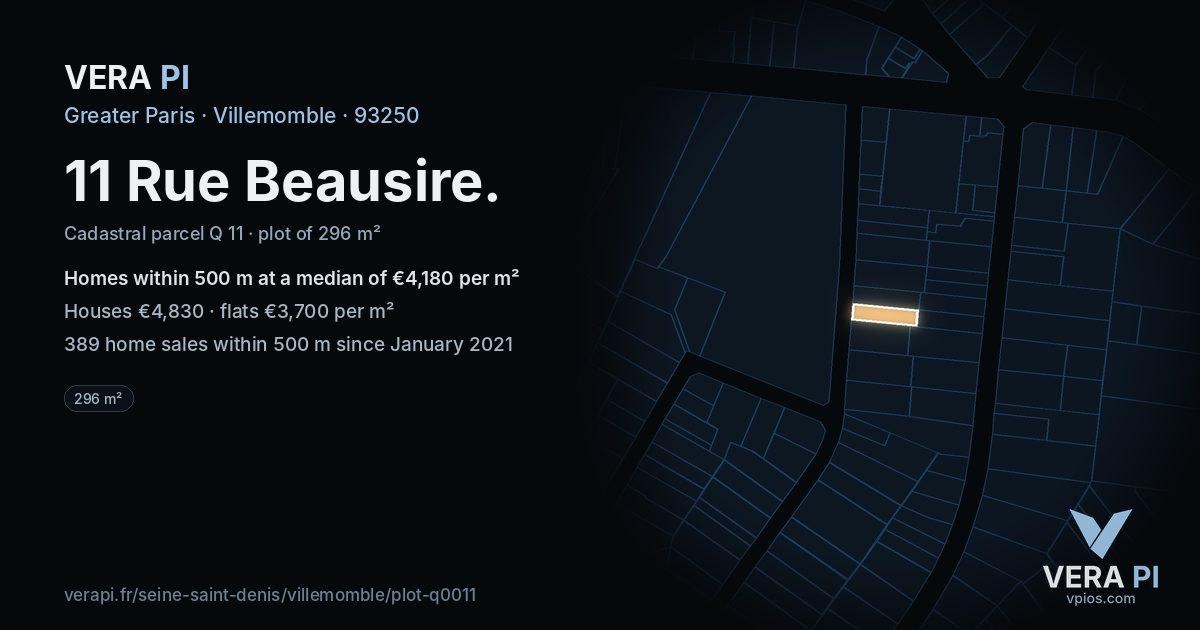 11 Rue Beausire, Villemomble at night – the plot lit, the parcels around coloured by the prices near them