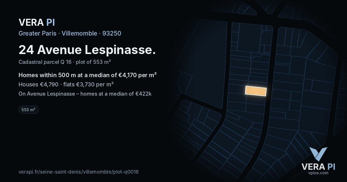 24 Avenue Lespinasse, Villemomble at night – the plot lit, the parcels around coloured by the prices near them