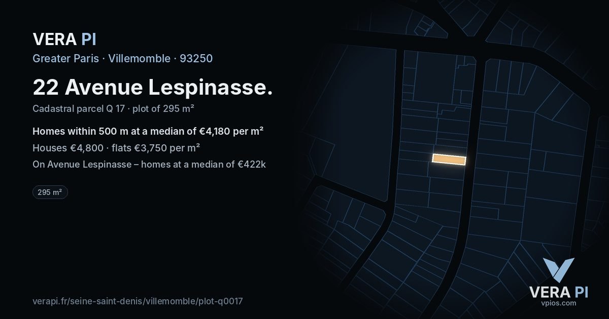 22 Avenue Lespinasse, Villemomble at night – the plot lit, the parcels around coloured by the prices near them