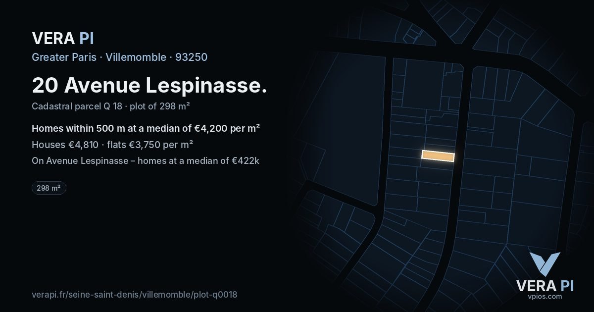 20 Avenue Lespinasse, Villemomble at night – the plot lit, the parcels around coloured by the prices near them