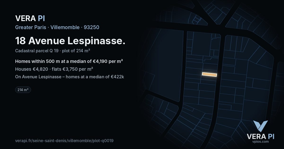 18 Avenue Lespinasse, Villemomble at night – the plot lit, the parcels around coloured by the prices near them