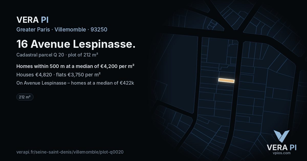16 Avenue Lespinasse, Villemomble at night – the plot lit, the parcels around coloured by the prices near them