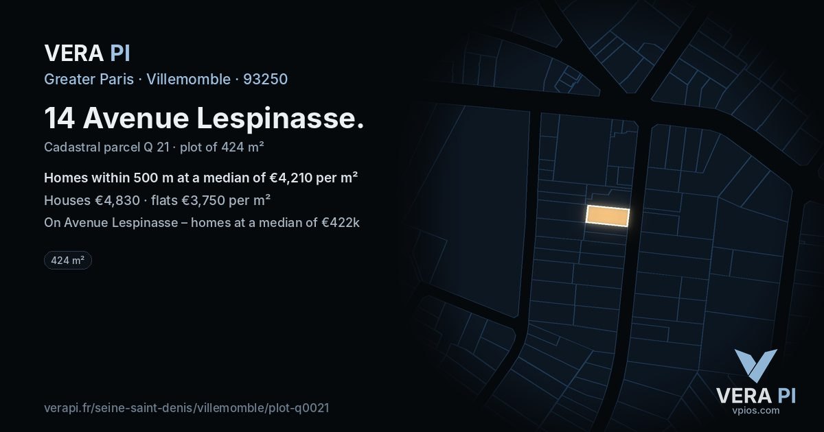14 Avenue Lespinasse, Villemomble at night – the plot lit, the parcels around coloured by the prices near them