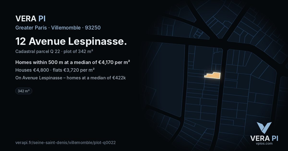 12 Avenue Lespinasse, Villemomble at night – the plot lit, the parcels around coloured by the prices near them