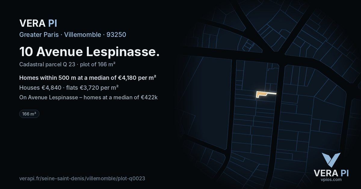 10 Avenue Lespinasse, Villemomble at night – the plot lit, the parcels around coloured by the prices near them