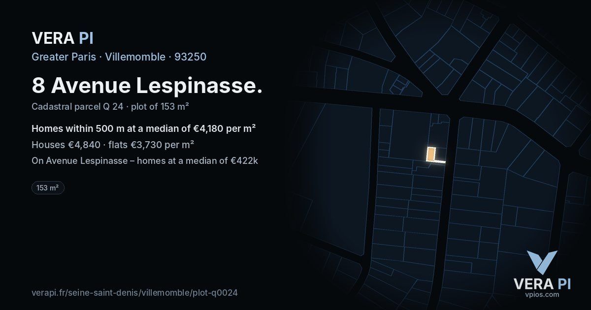 8 Avenue Lespinasse, Villemomble at night – the plot lit, the parcels around coloured by the prices near them