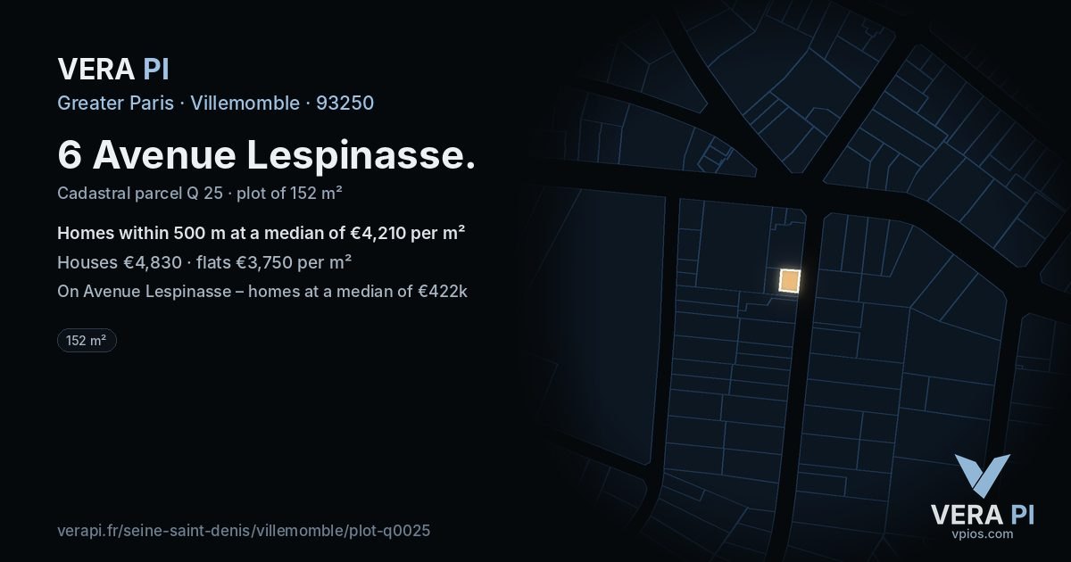 6 Avenue Lespinasse, Villemomble at night – the plot lit, the parcels around coloured by the prices near them
