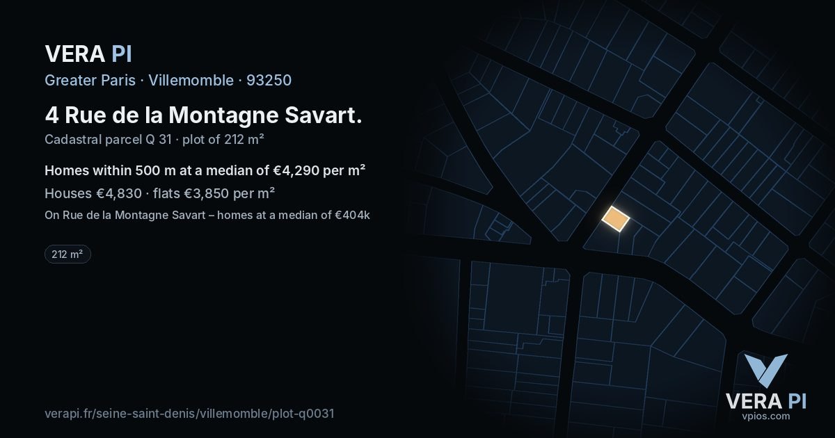 4 Rue de la Montagne Savart, Villemomble at night – the plot lit, the parcels around coloured by the prices near them