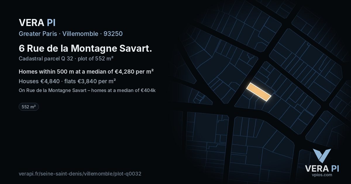 6 Rue de la Montagne Savart, Villemomble at night – the plot lit, the parcels around coloured by the prices near them