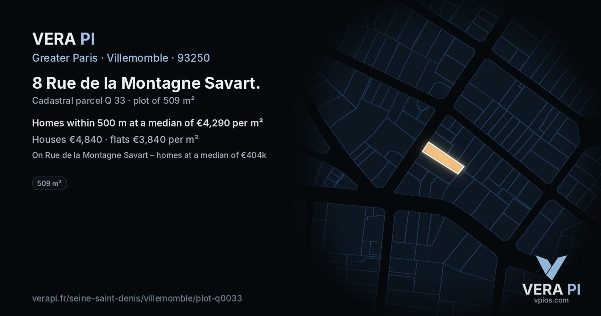 8 Rue de la Montagne Savart, Villemomble at night – the plot lit, the parcels around coloured by the prices near them