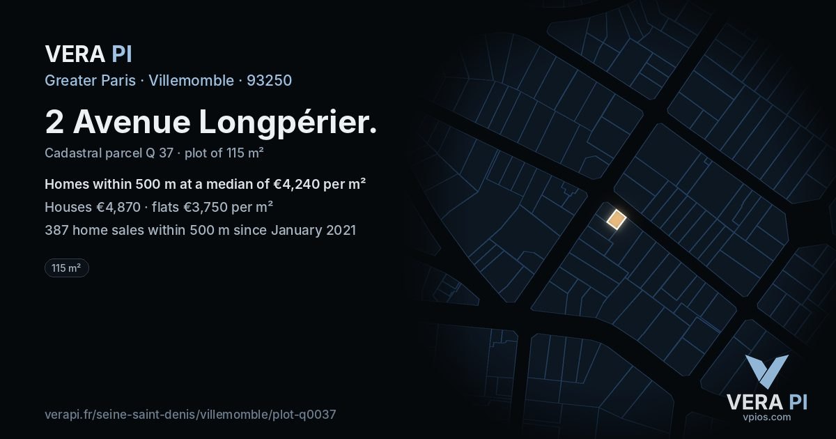 2 Avenue Longpérier, Villemomble at night – the plot lit, the parcels around coloured by the prices near them