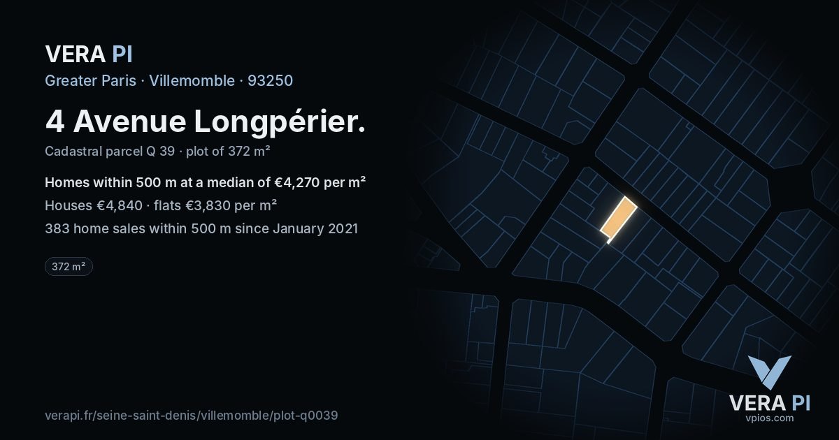4 Avenue Longpérier, Villemomble at night – the plot lit, the parcels around coloured by the prices near them