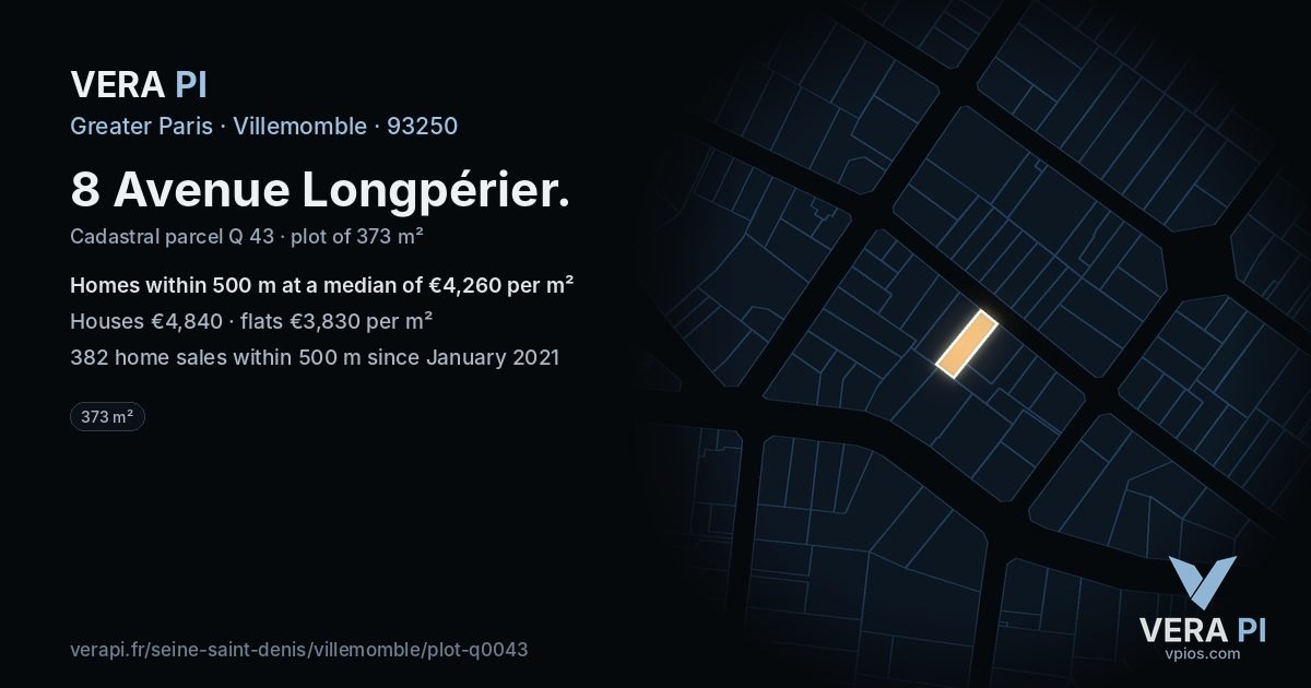 8 Avenue Longpérier, Villemomble at night – the plot lit, the parcels around coloured by the prices near them