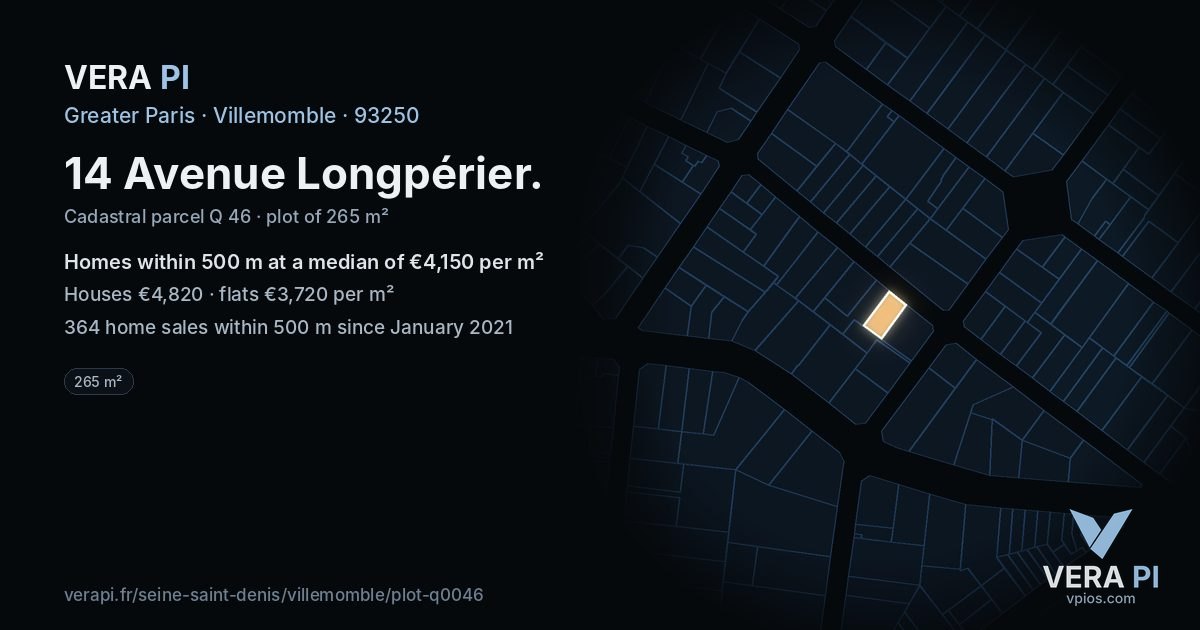 14 Avenue Longpérier, Villemomble at night – the plot lit, the parcels around coloured by the prices near them