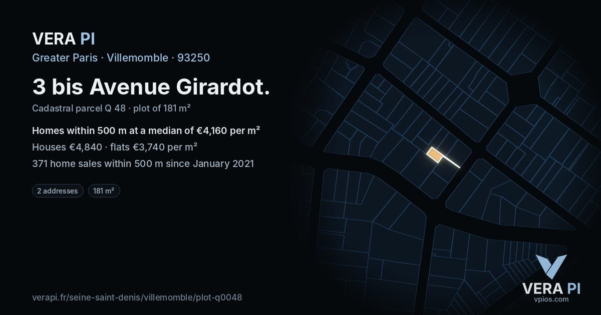3 bis Avenue Girardot, Villemomble at night – the plot lit, the parcels around coloured by the prices near them