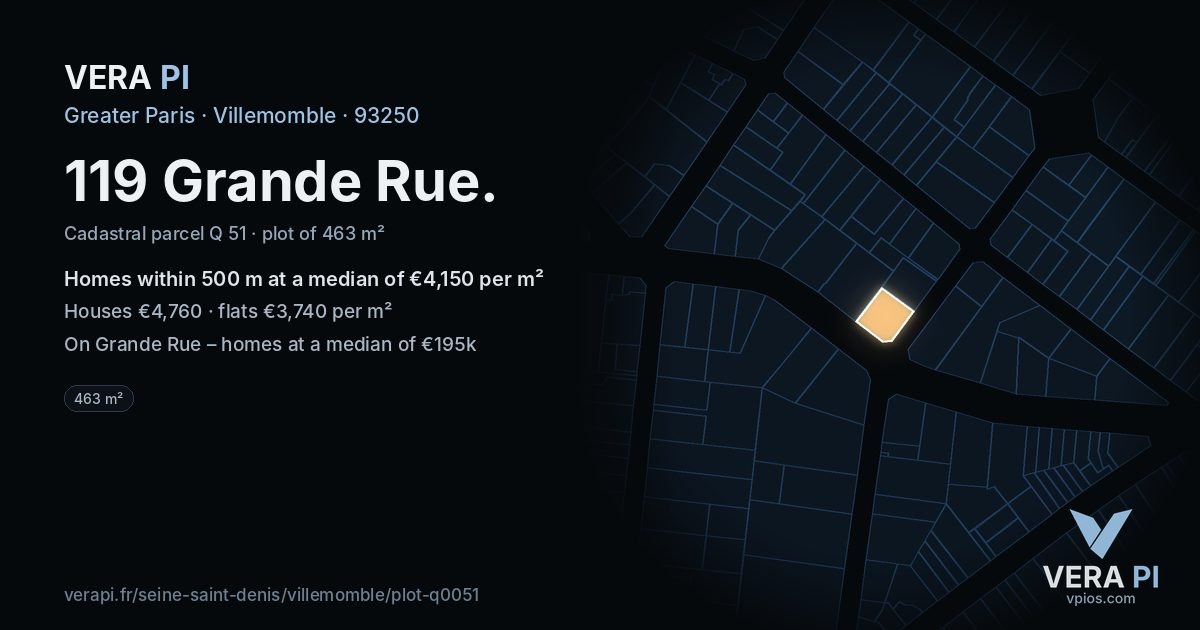 119 Grande Rue, Villemomble at night – the plot lit, the parcels around coloured by the prices near them