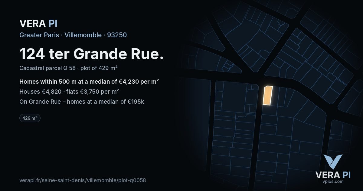 124 ter Grande Rue, Villemomble at night – the plot lit, the parcels around coloured by the prices near them