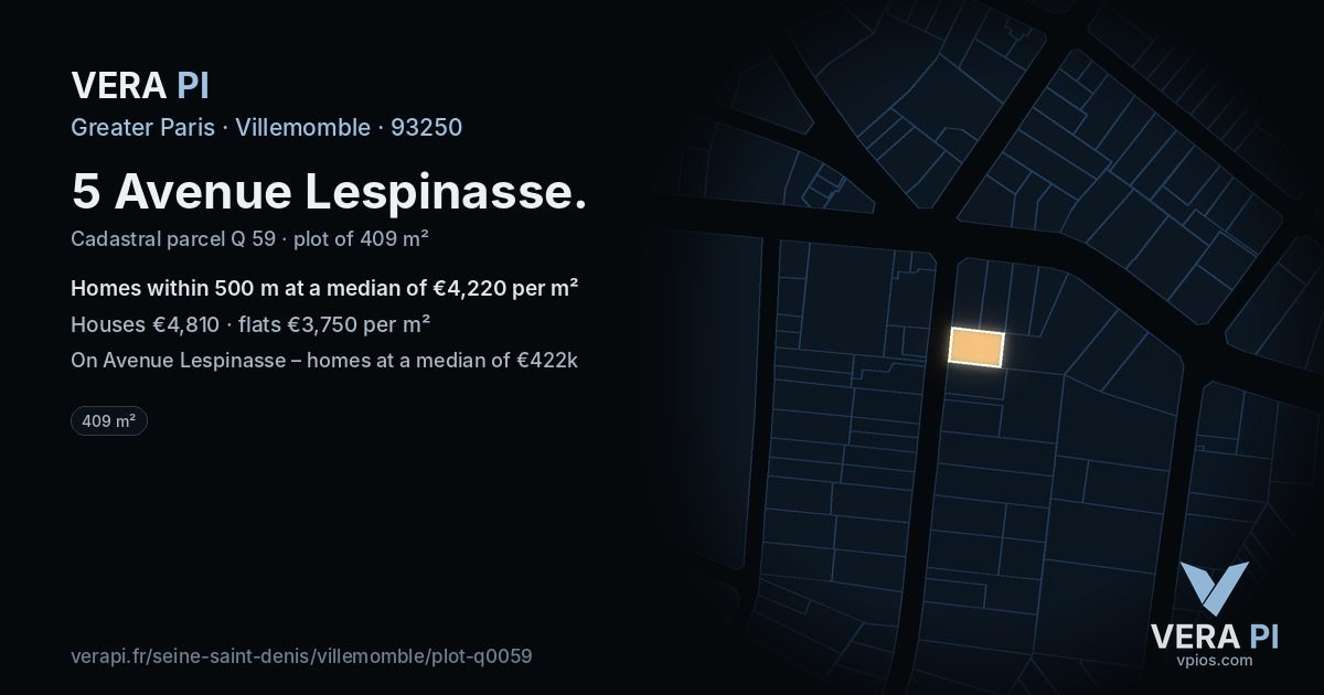 5 Avenue Lespinasse, Villemomble at night – the plot lit, the parcels around coloured by the prices near them