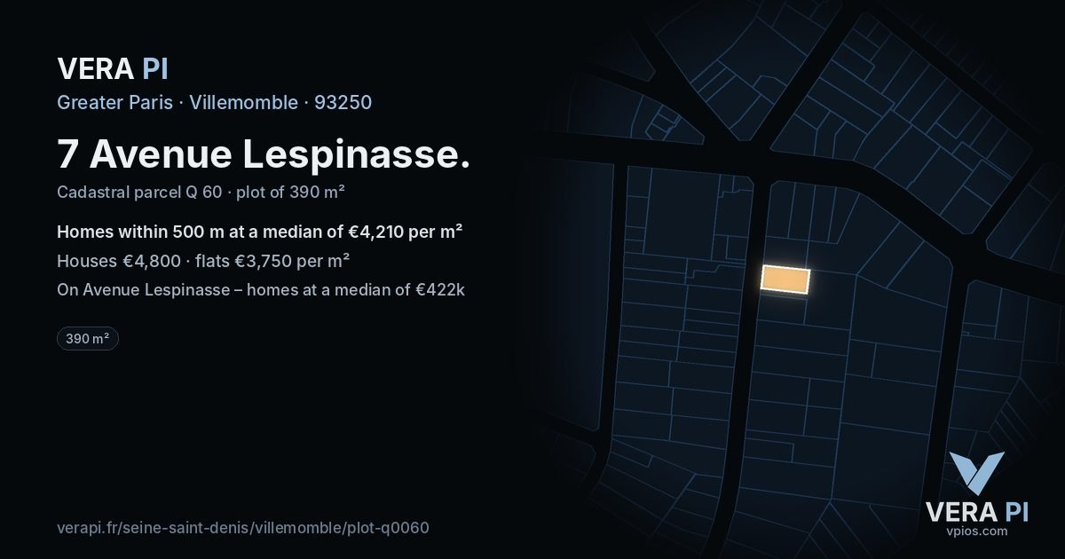 7 Avenue Lespinasse, Villemomble at night – the plot lit, the parcels around coloured by the prices near them