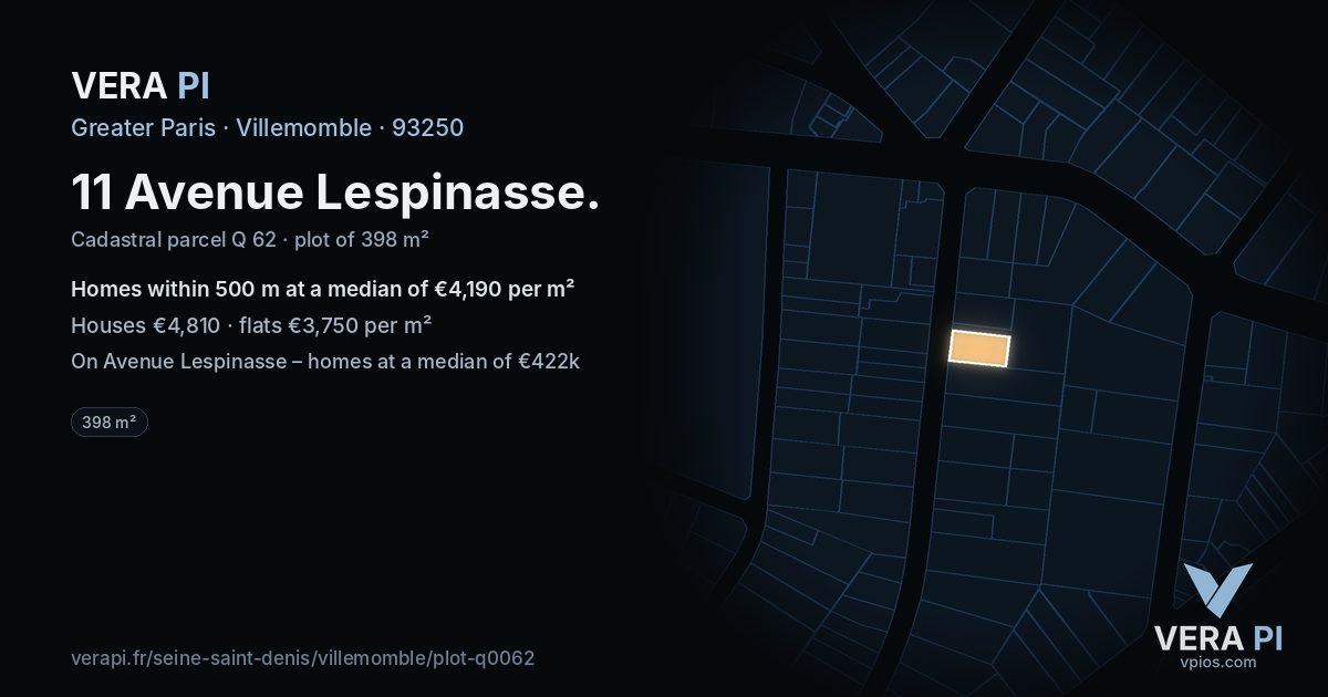 11 Avenue Lespinasse, Villemomble at night – the plot lit, the parcels around coloured by the prices near them