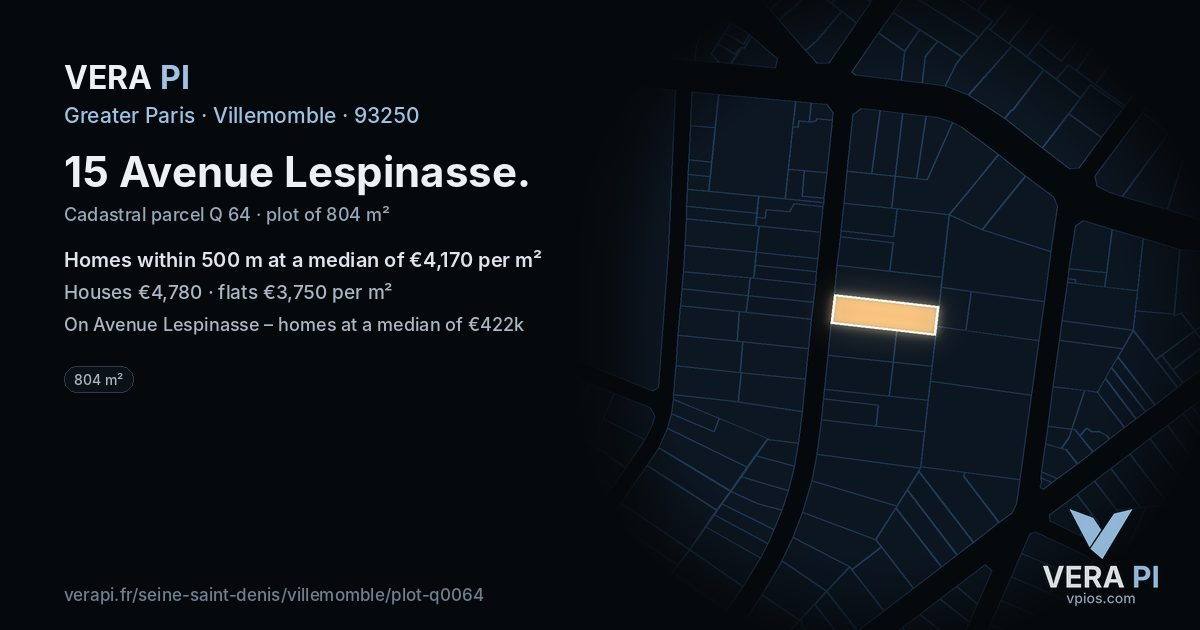 15 Avenue Lespinasse, Villemomble at night – the plot lit, the parcels around coloured by the prices near them