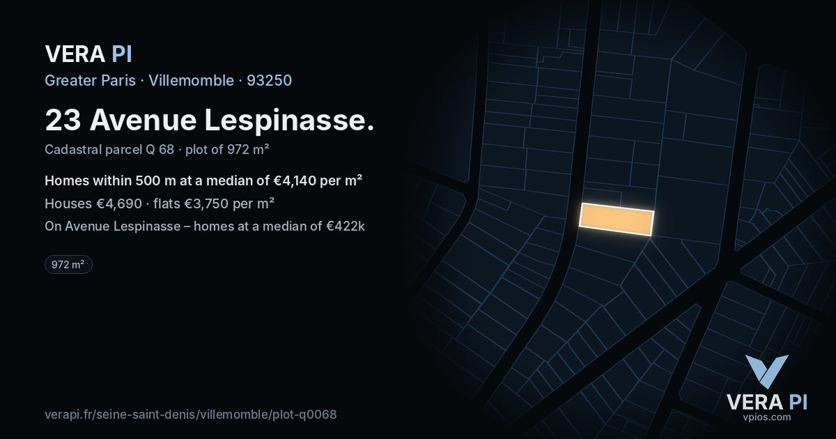23 Avenue Lespinasse, Villemomble at night – the plot lit, the parcels around coloured by the prices near them
