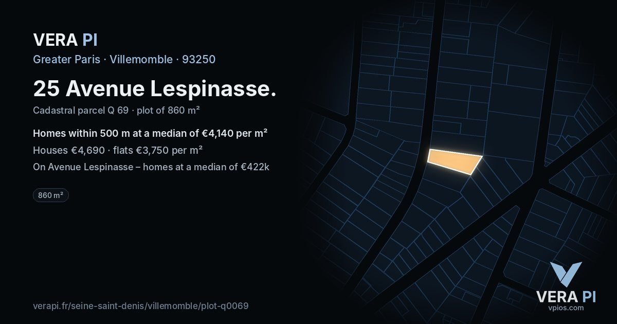 25 Avenue Lespinasse, Villemomble at night – the plot lit, the parcels around coloured by the prices near them