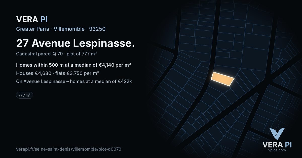 27 Avenue Lespinasse, Villemomble at night – the plot lit, the parcels around coloured by the prices near them
