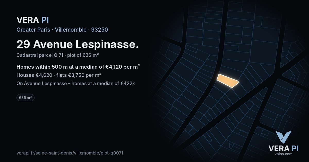 29 Avenue Lespinasse, Villemomble at night – the plot lit, the parcels around coloured by the prices near them