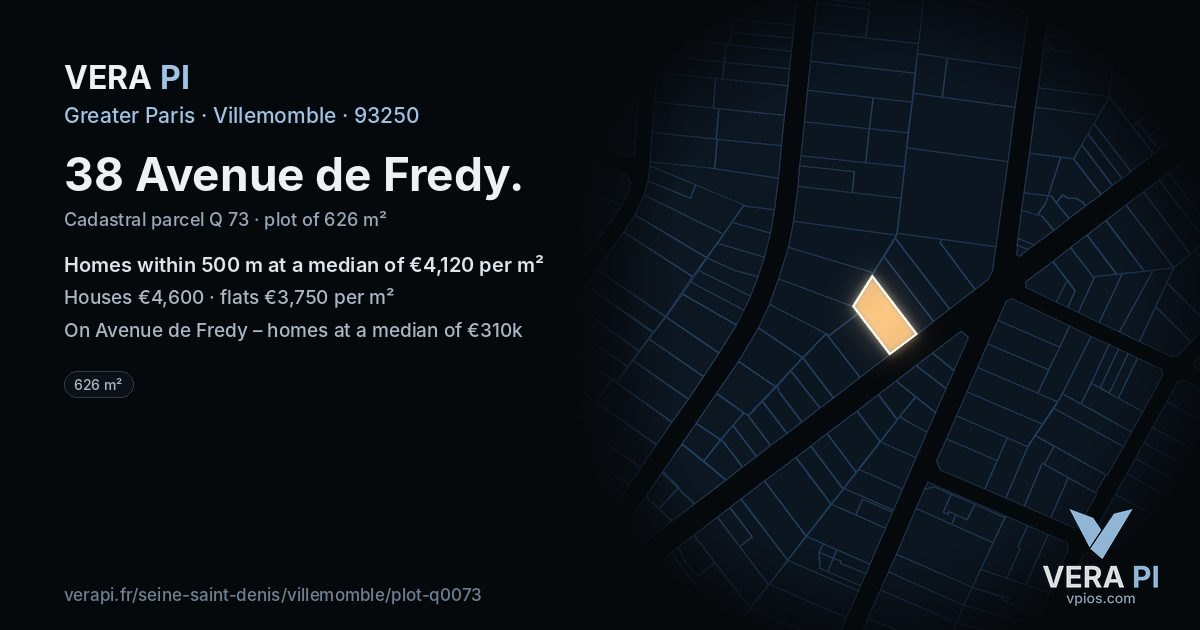 38 Avenue de Fredy, Villemomble at night – the plot lit, the parcels around coloured by the prices near them
