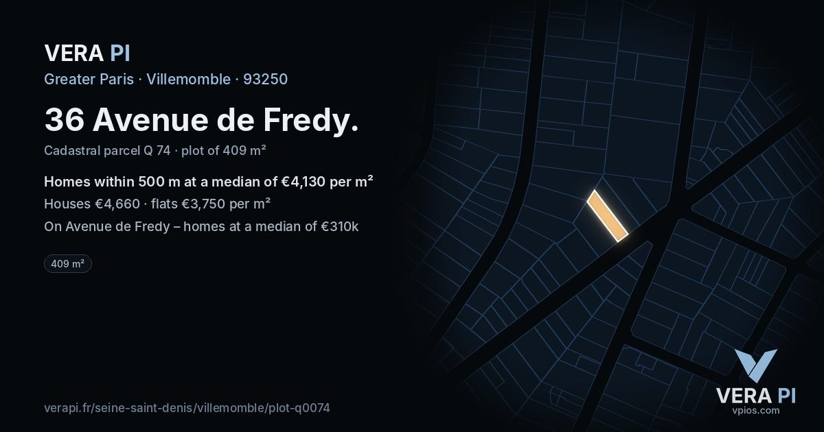 36 Avenue de Fredy, Villemomble at night – the plot lit, the parcels around coloured by the prices near them