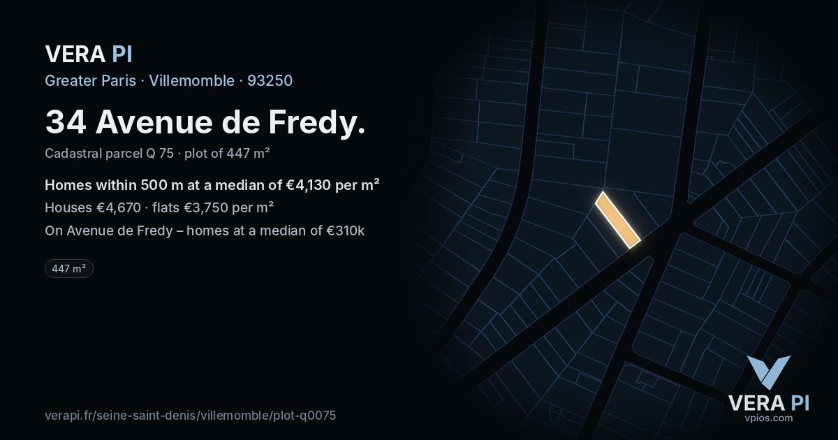 34 Avenue de Fredy, Villemomble at night – the plot lit, the parcels around coloured by the prices near them