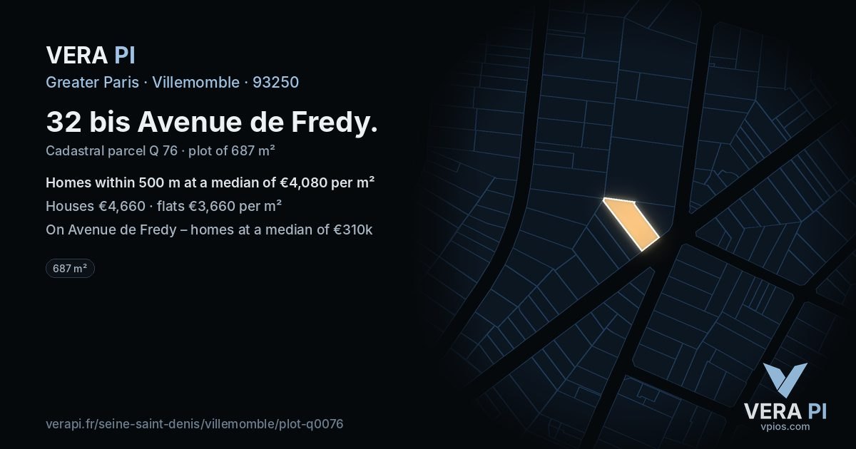 32 bis Avenue de Fredy, Villemomble at night – the plot lit, the parcels around coloured by the prices near them