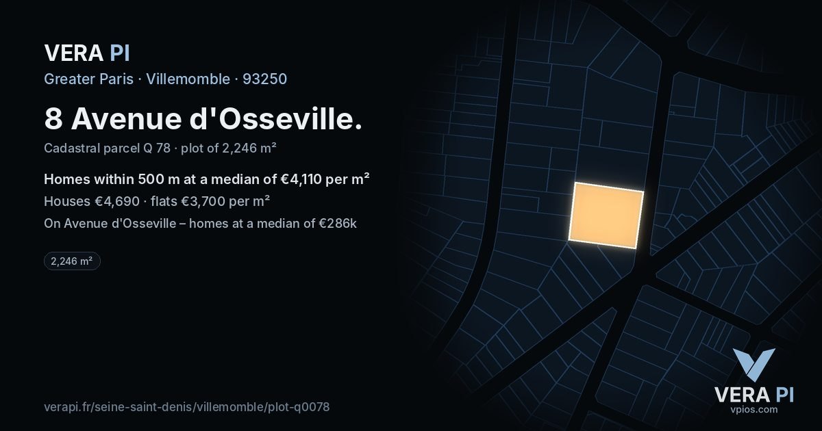 8 Avenue d'Osseville, Villemomble at night – the plot lit, the parcels around coloured by the prices near them