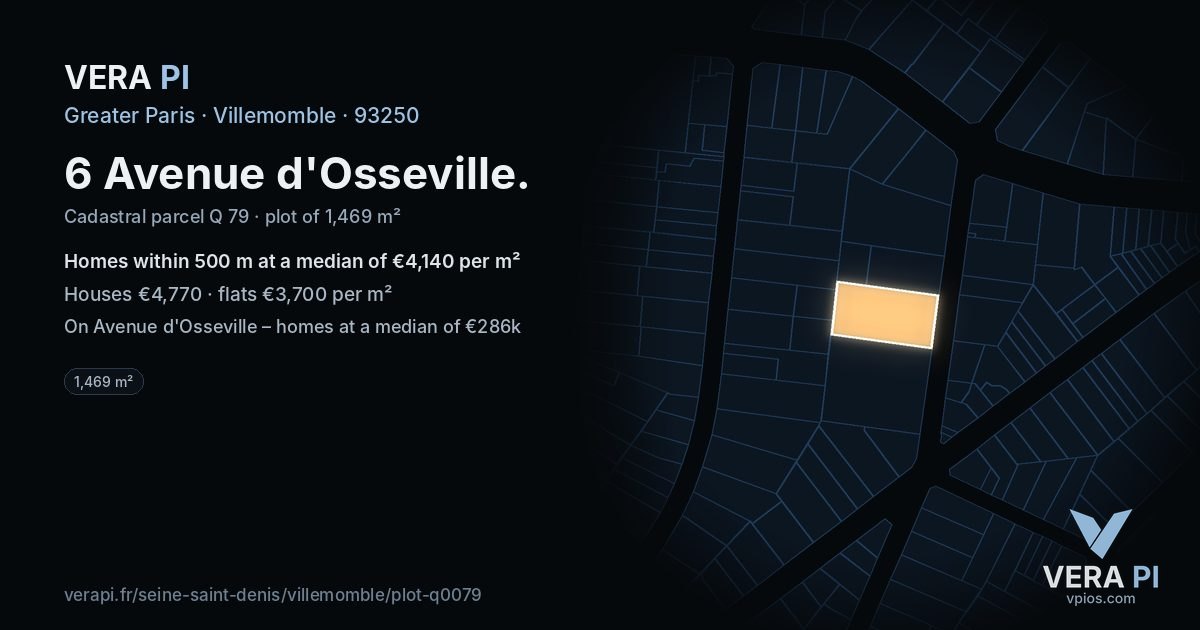 6 Avenue d'Osseville, Villemomble at night – the plot lit, the parcels around coloured by the prices near them