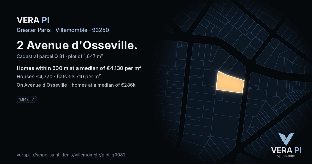 2 Avenue d'Osseville, Villemomble at night – the plot lit, the parcels around coloured by the prices near them
