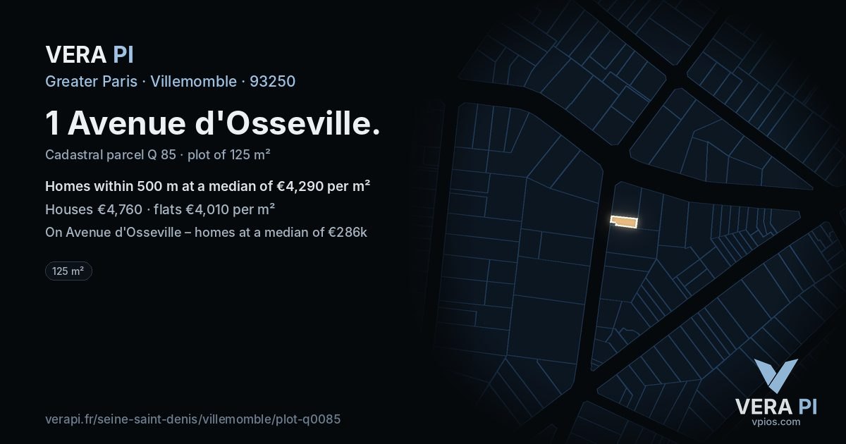 1 Avenue d'Osseville, Villemomble at night – the plot lit, the parcels around coloured by the prices near them